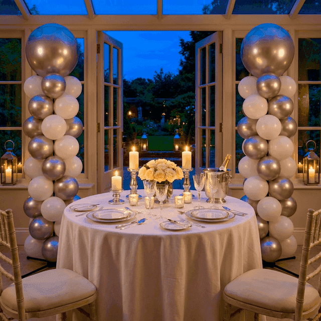 Tyylikäs ilmapallokoristeilu hääpäivälle kultaisilla ja hopeisilla pylväillä