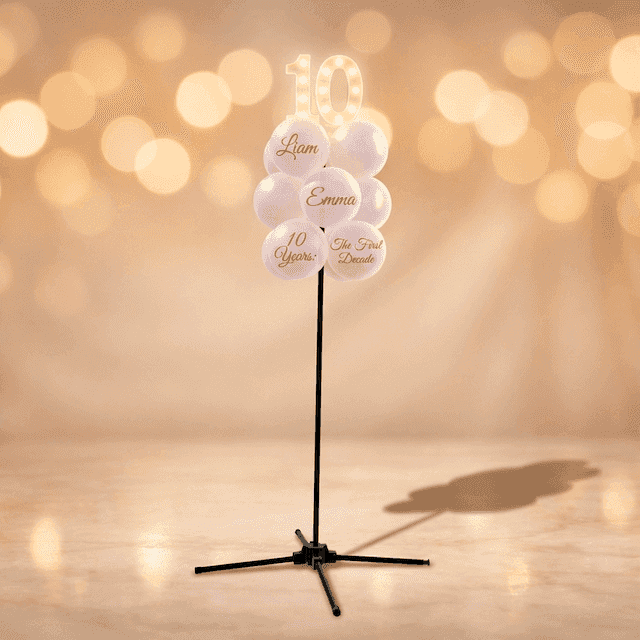 Rose gold and white standing balloon cluster with glowing LED numbers 10 as topper, on a dark background