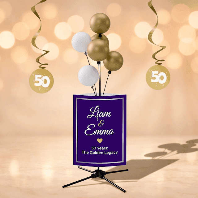 Gold and white balloon cluster on top of a purple welcome panel with names of the anniversary couple, in the lobby of an elegant hotel