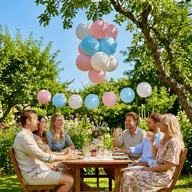 Pastel-coloured anniversary decoration in garden at summer wedding anniversary celebration with sunshine