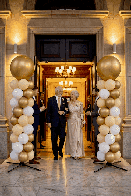 Golden balloon columns at venue entrance for 50th golden wedding anniversary celebration