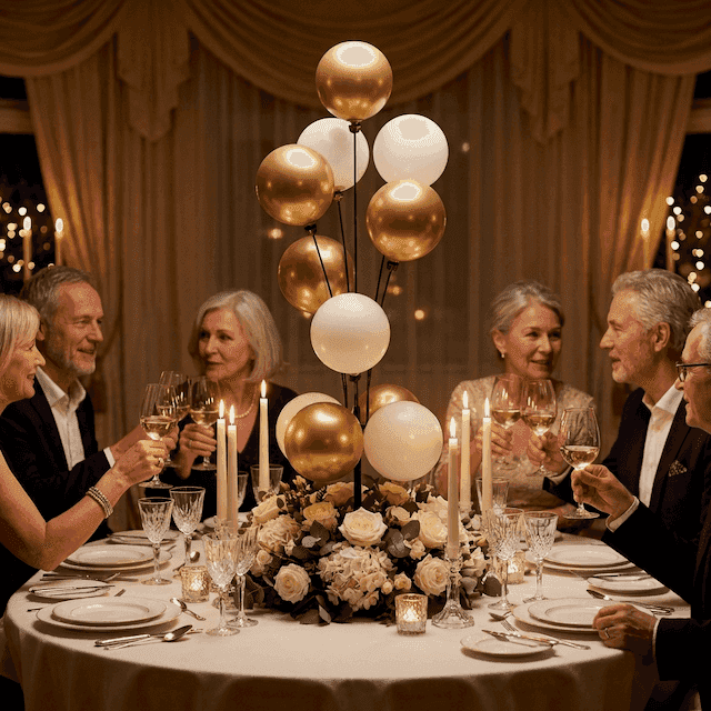 Gold and white balloon fountains as elegant table decoration at intimate anniversary dinner with candlelight