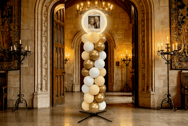 Silver balloon column with round top board featuring anniversary names and photo, placed in an elegantly lit ballroom