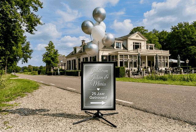 Anniversary sandwich board with silver balloon cluster on top and names of the anniversary couple, placed at the entrance of a ballroom