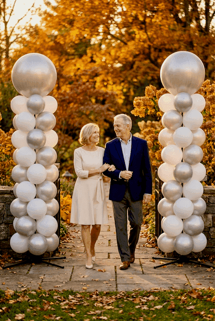 Silver and white balloon columns at outdoor entrance for 25th wedding anniversary celebration in garden with autumn light