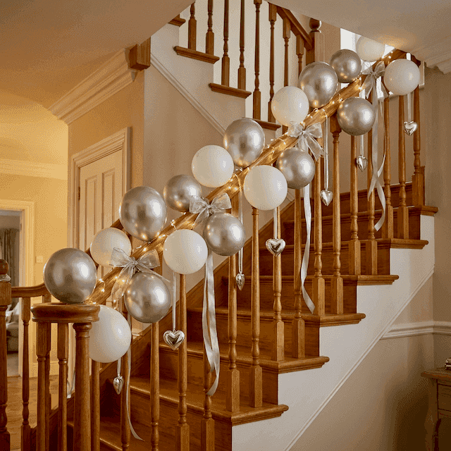 PilaMania balloon garland in silver and white along staircase banister for 25th wedding anniversary with silver bows and hearts