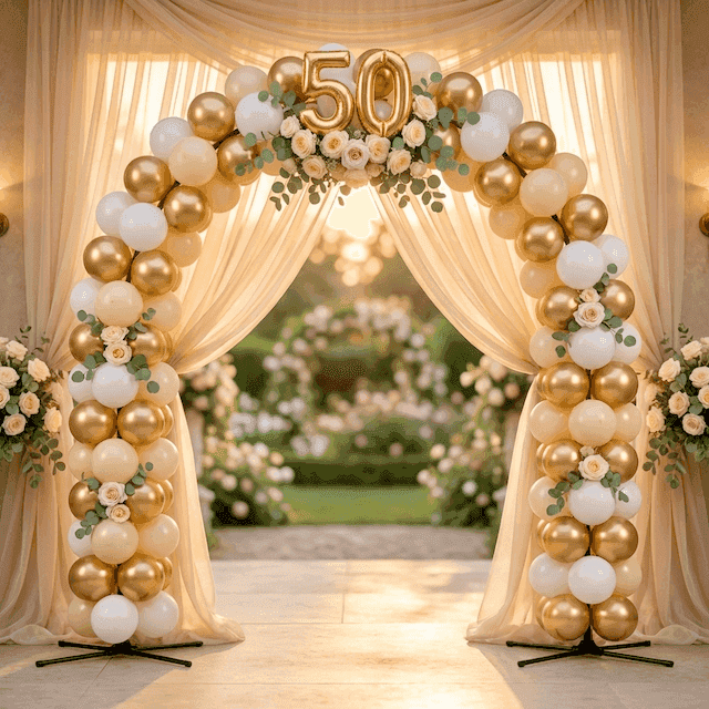 PilaMania balloon arch decorated for 50th golden wedding anniversary with golden ribbon, champagne organza and cream-white roses
