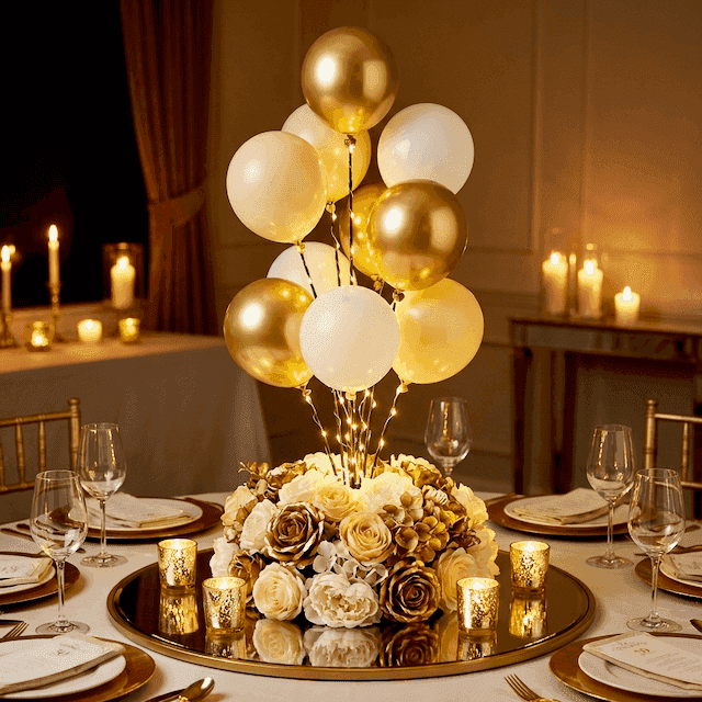 PilaMania Balloon Signage Display as golden centrepiece with LED lights and golden flowers for 50th golden wedding anniversary