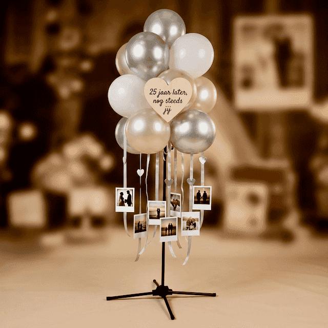 PilaMania balloon cluster decorated as anniversary memory cluster with miniature wedding photos and personal sign for 25th wedding anniversary