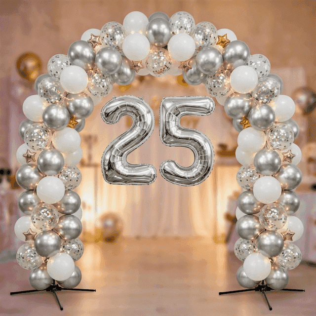 PilaMania balloon arch combined with silver foil number balloons 25 and white decoration for anniversary