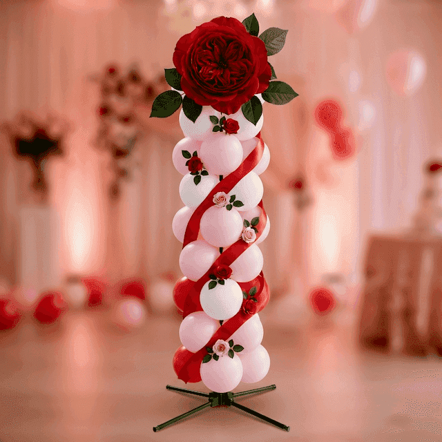 PilaMania balloon column decorated for 10th tin anniversary with red roses, red satin ribbon and rosebuds