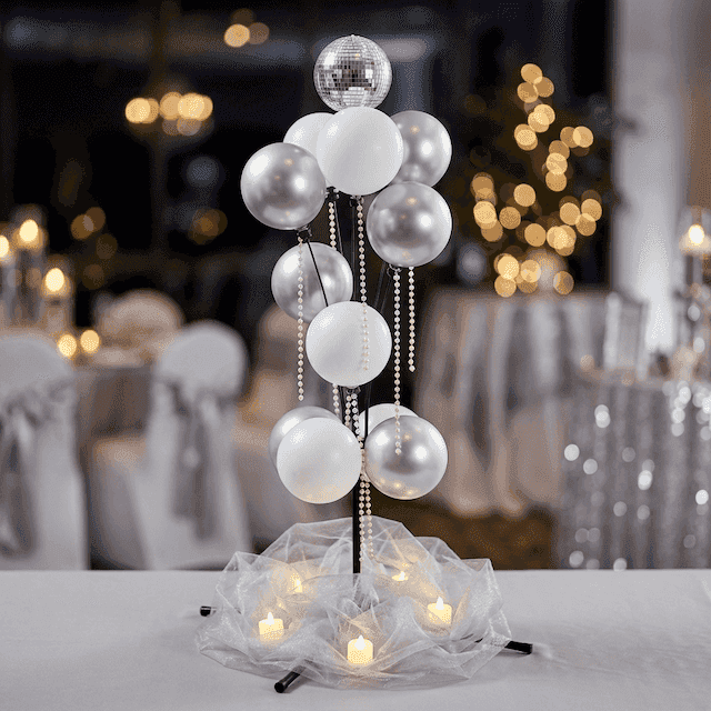 PilaMania Balloon Signage Display decorated for silver anniversary 25 years with tulle, pearl ribbons and silver mirror ball topper