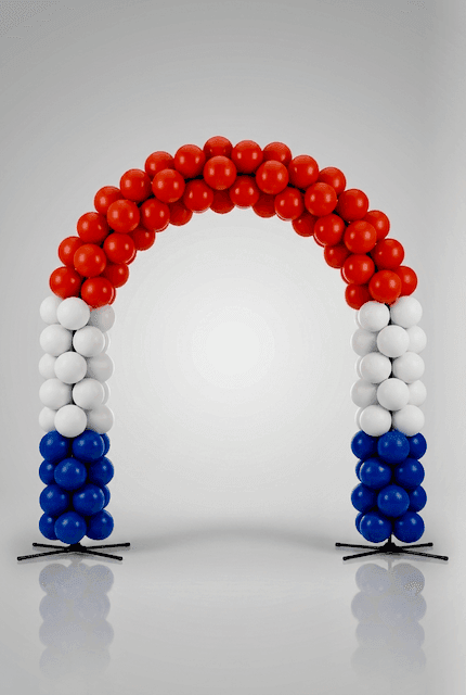 PilaMania balloon arch in rainbow colours — classic curved shape from the side, fully assembled on white background