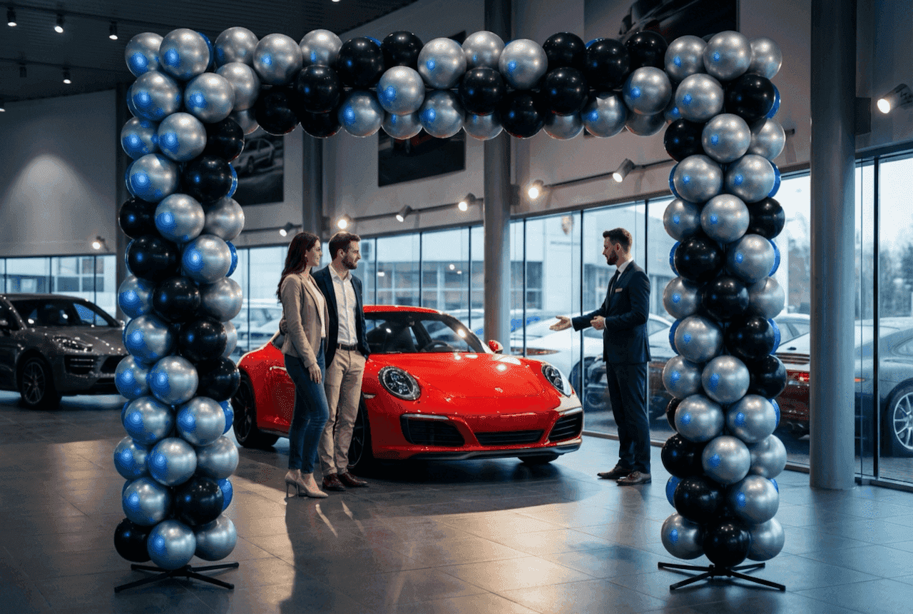 PilaMania balloon gate at car showroom with customers admiring new car