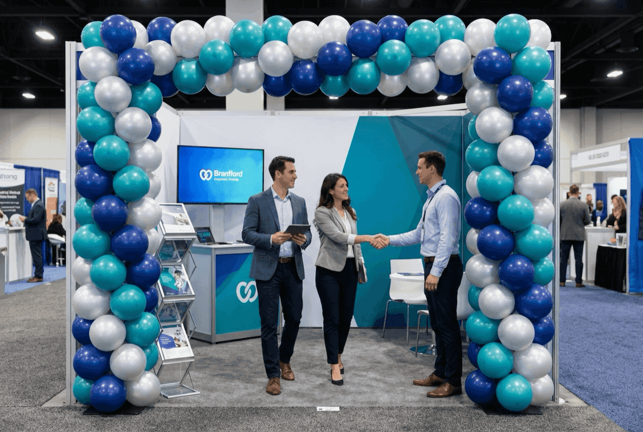 PilaMania balloon arch as professional booth entrance at trade show