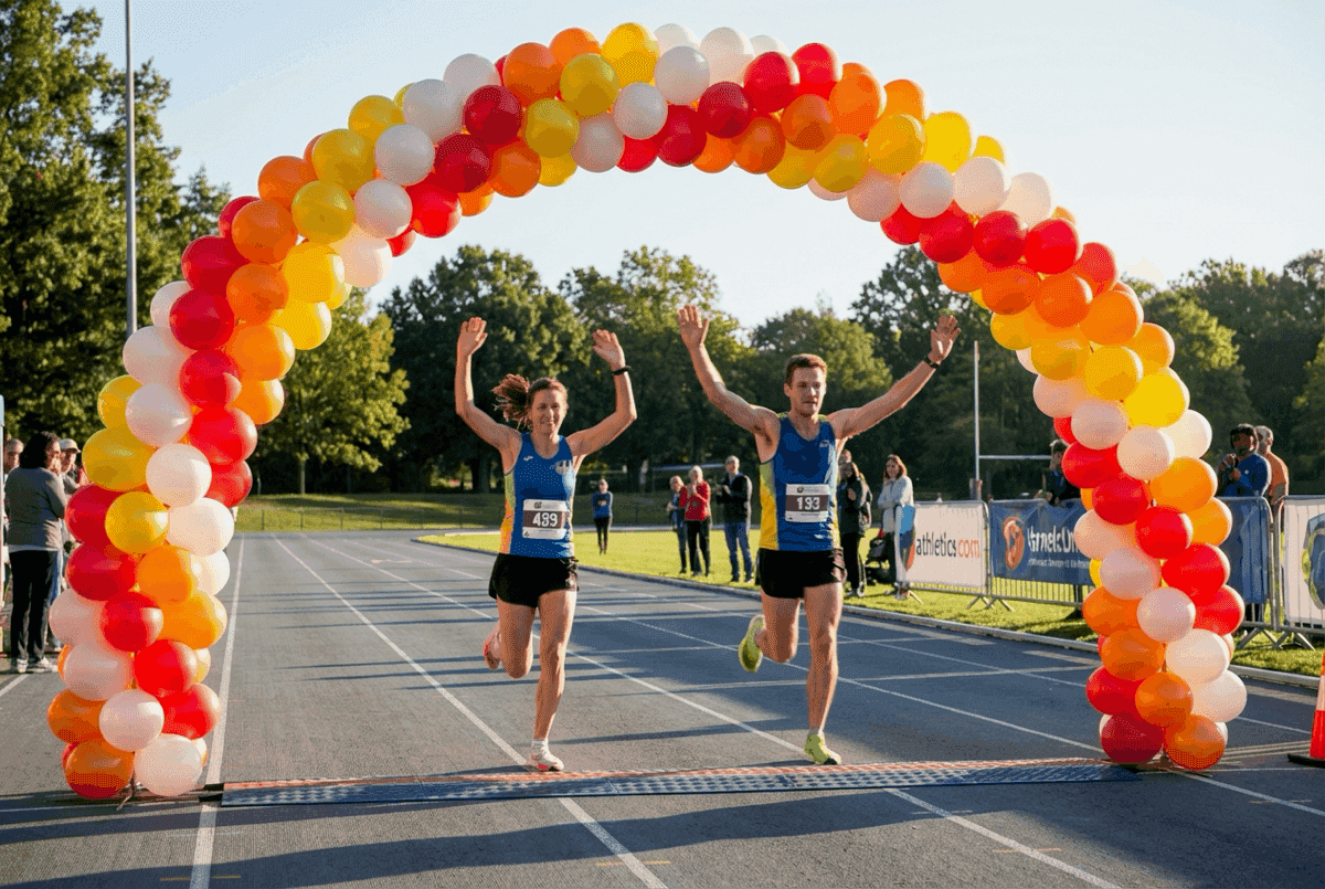 PilaMania balloon arch as finish line at running event with participants