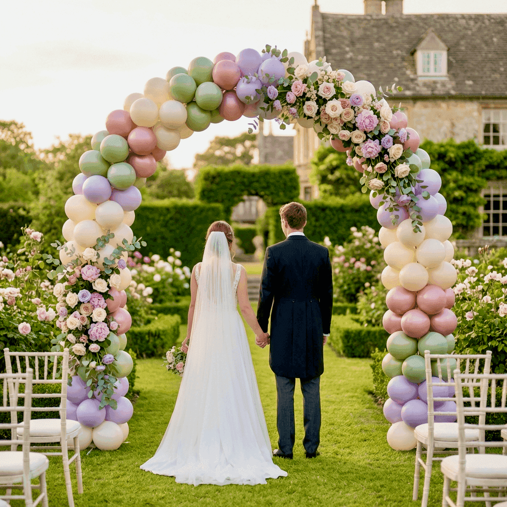 PilaMania balloon arch with flowers at English garden wedding with bride and groom