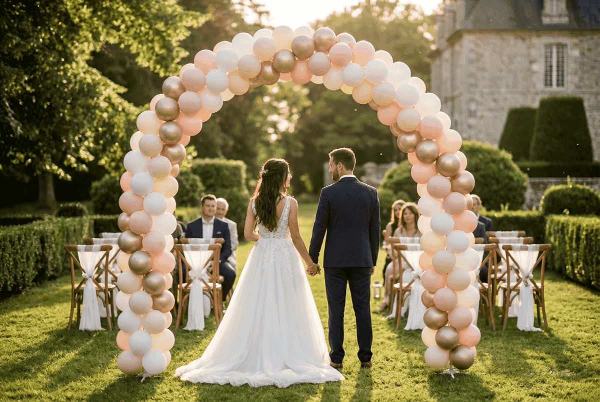 PilaMania balloon arch as wedding altar at romantic outdoor ceremony