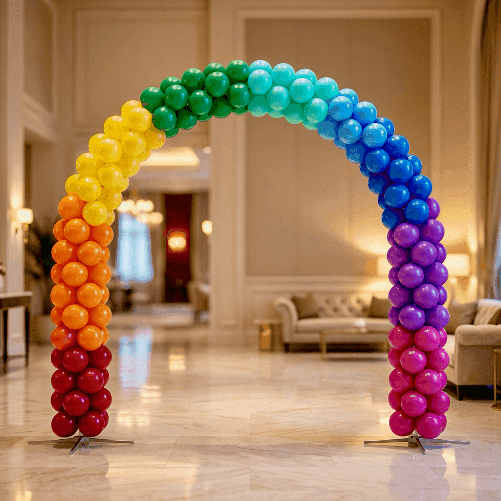 PilaMania balloon arch in elegant setting - reusable entrance decoration