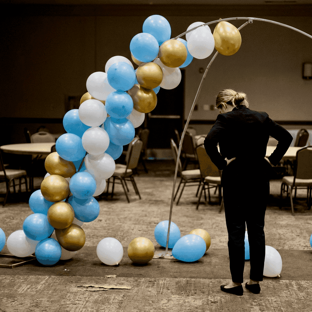 Frustrated event planner at deflated traditional balloon arch