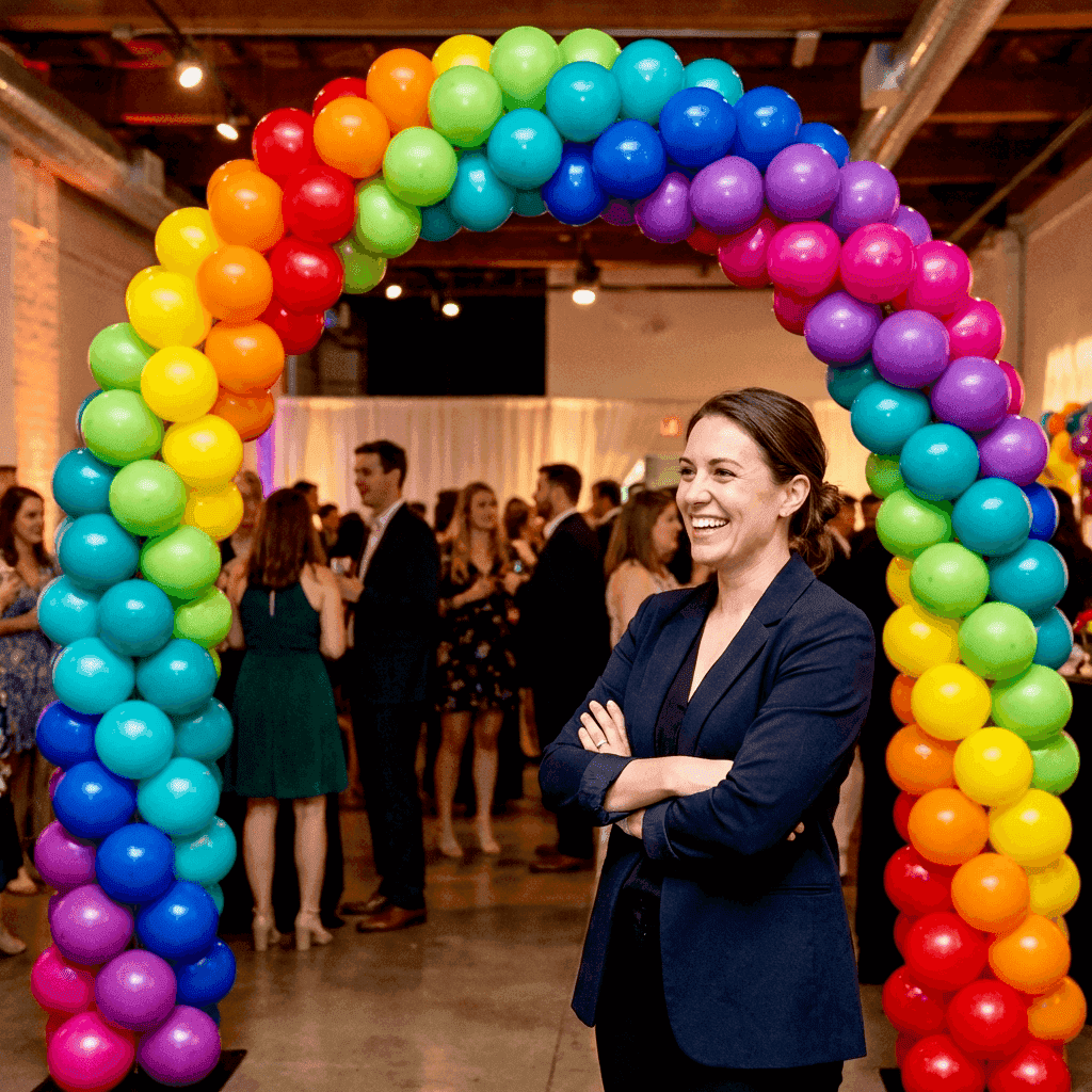 Satisfied professional at perfectly standing PilaMania balloon arch