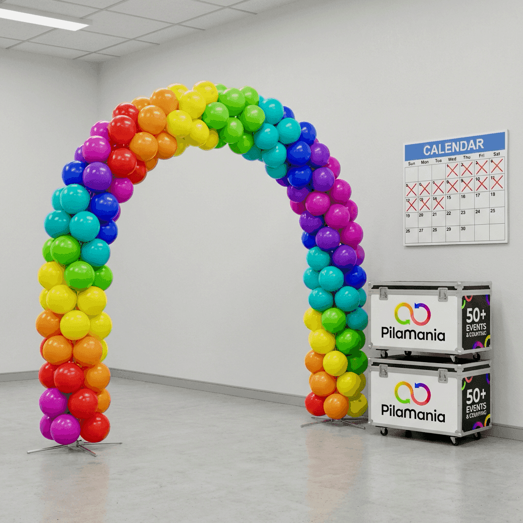 Reusable PilaMania balloon arch stored in compact storage