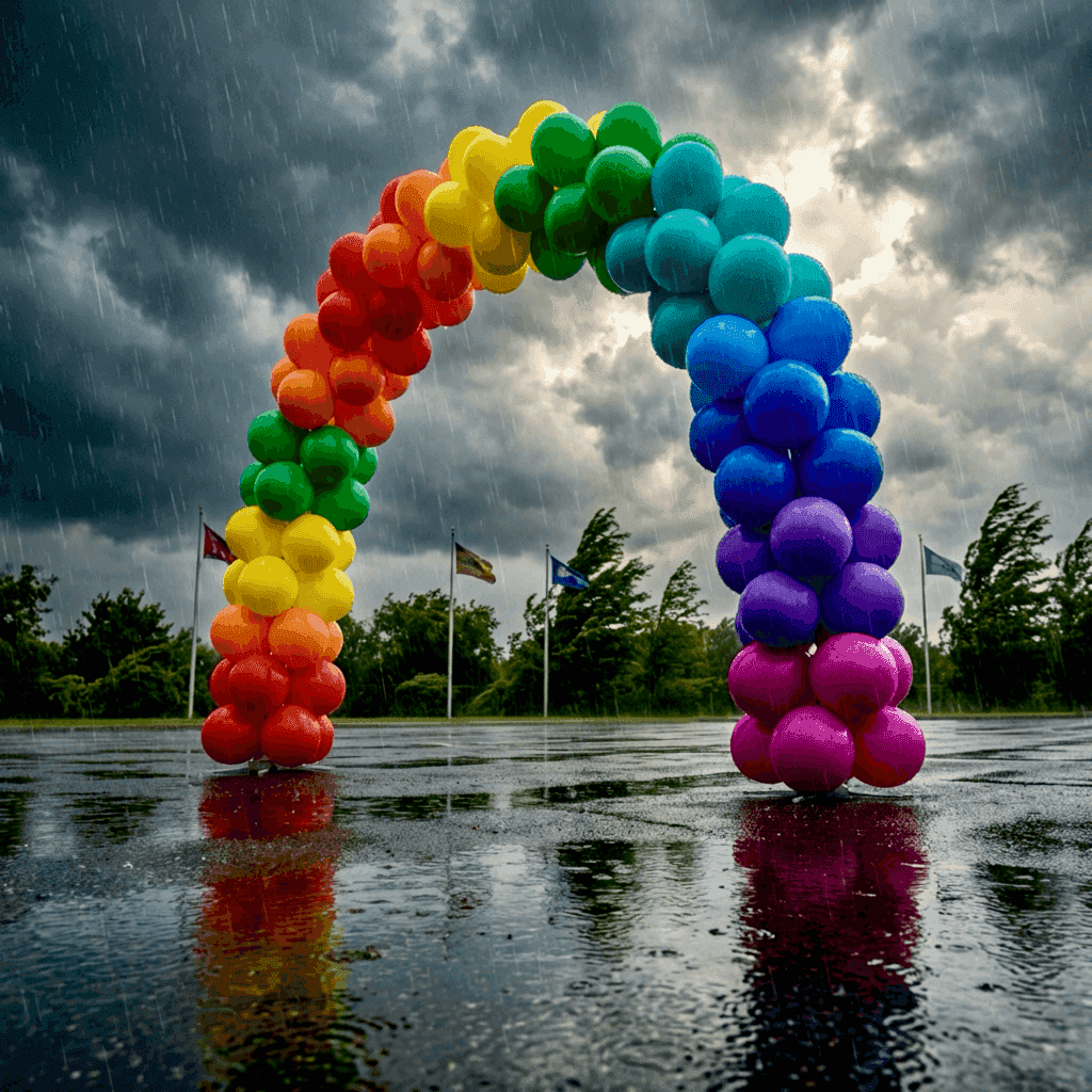 PilaMania balloon arch outdoors in varying weather conditions