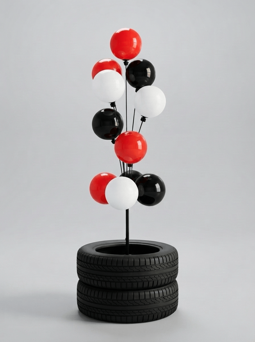 Car tyres around the X-base of a balloon column