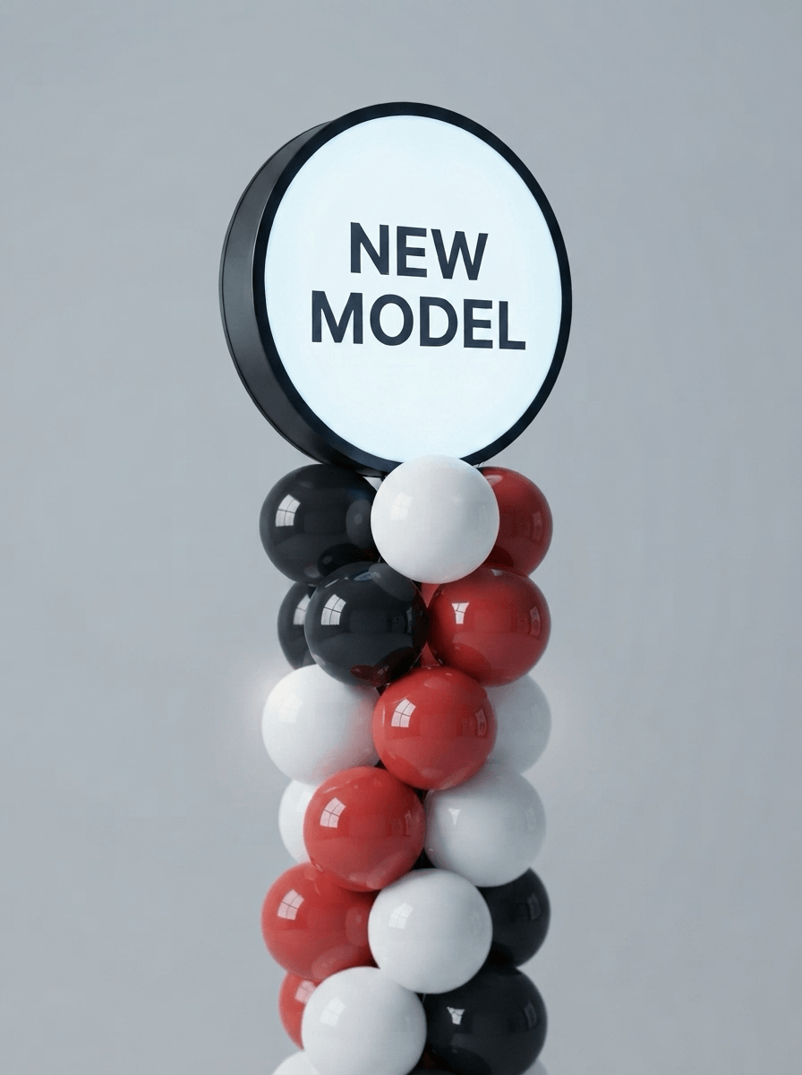 Round top sign with campaign text on top of a balloon column