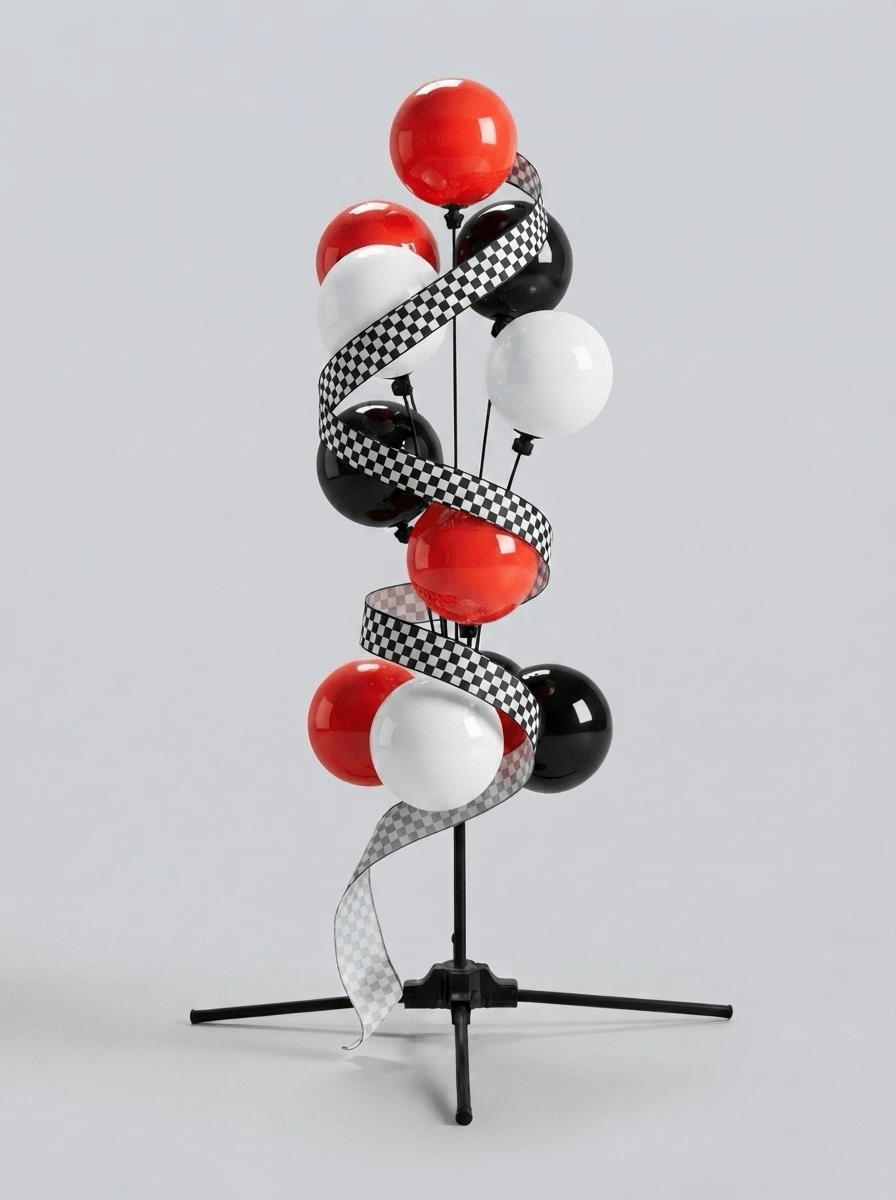 Chequered finish ribbon draped around a balloon display