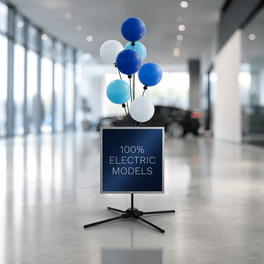 Ilmapallostandi, jossa sinisiä ja valkoisia ilmapalloja paneelin yllä, jossa lukee 100% Electric Models, autoliikkeen näyttelytilassa