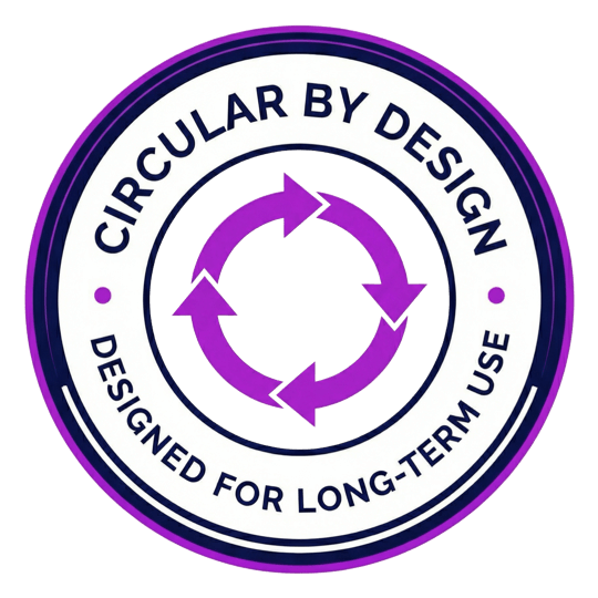 Circular by Design badge - Designed for Long-Term Use badge with circular arrows symbol in purple on dark background