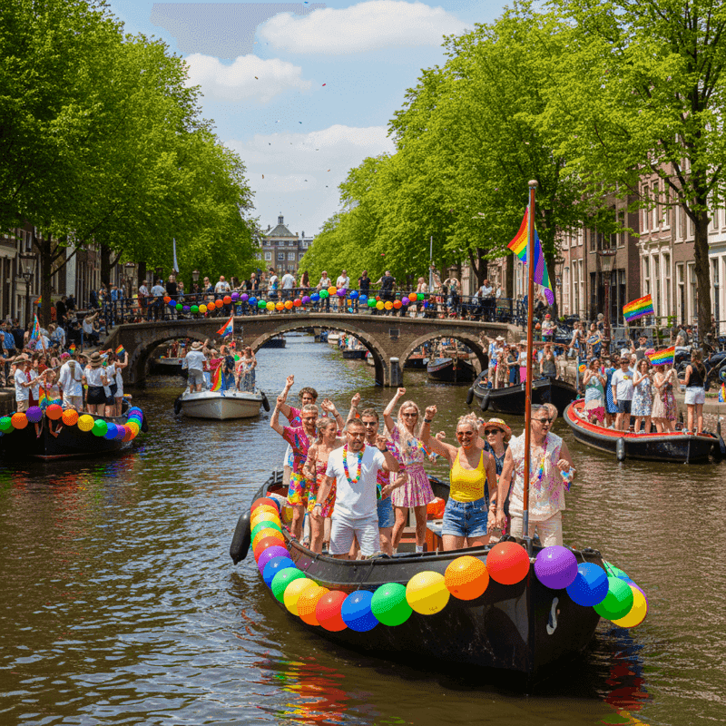 Sateenkaaren värinen pallokoristelu Kanavapride-veneessä Amsterdamin kanavilla