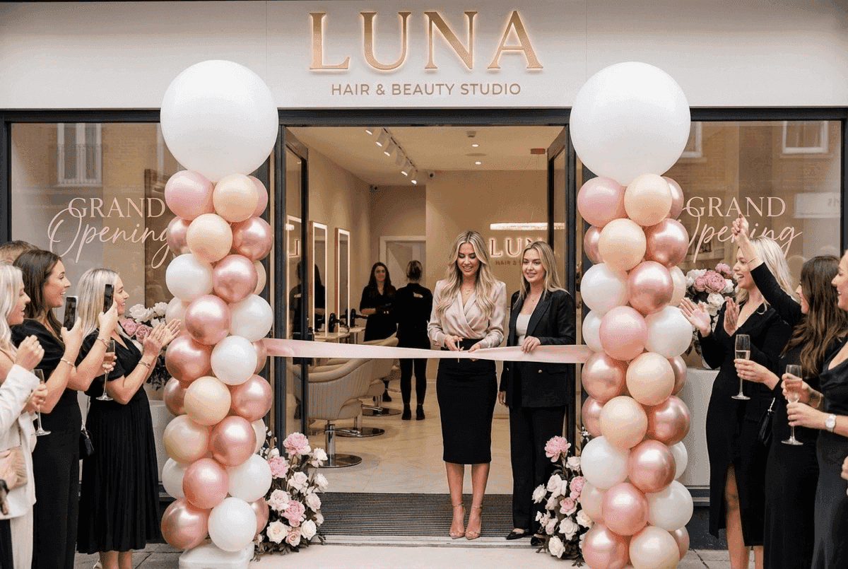 Värikäs pallokaari kampaamon avajaisissa