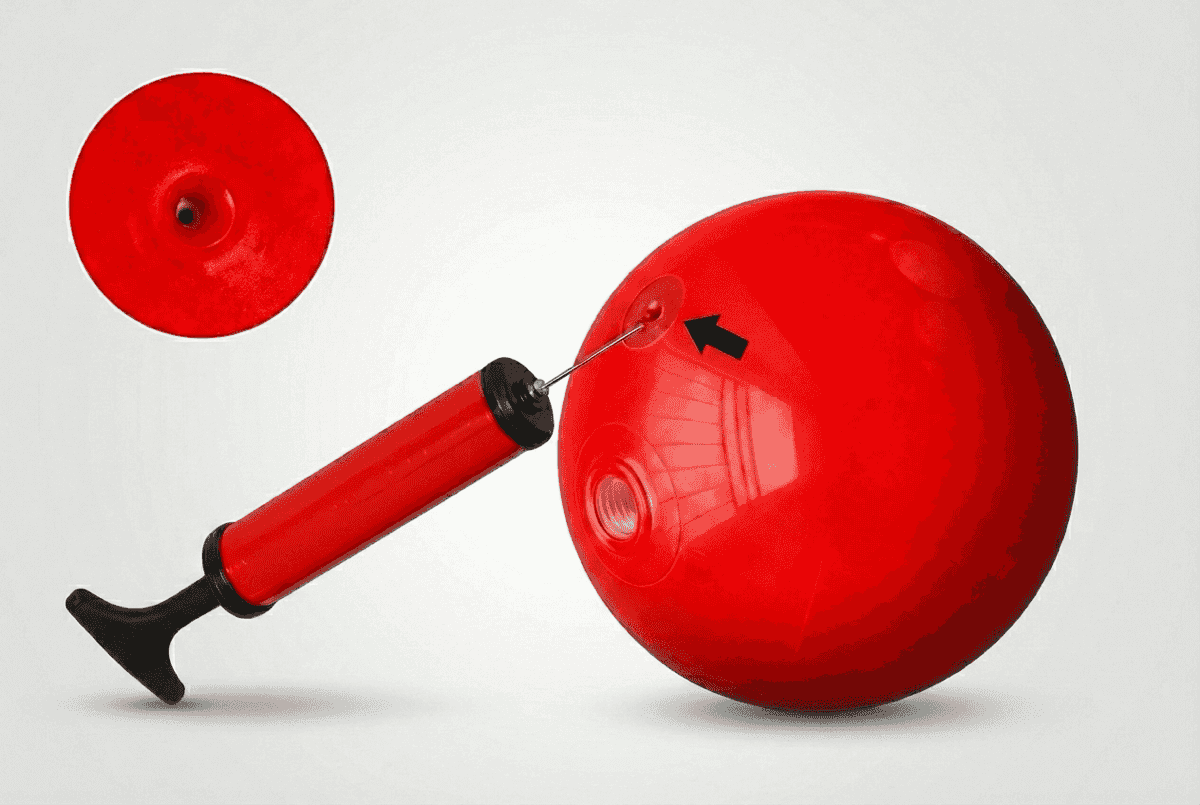 Pallopumppu neulalla kohdistettuna punaisen PVC-pallon venttiiliin, venttiiliyksityiskohta