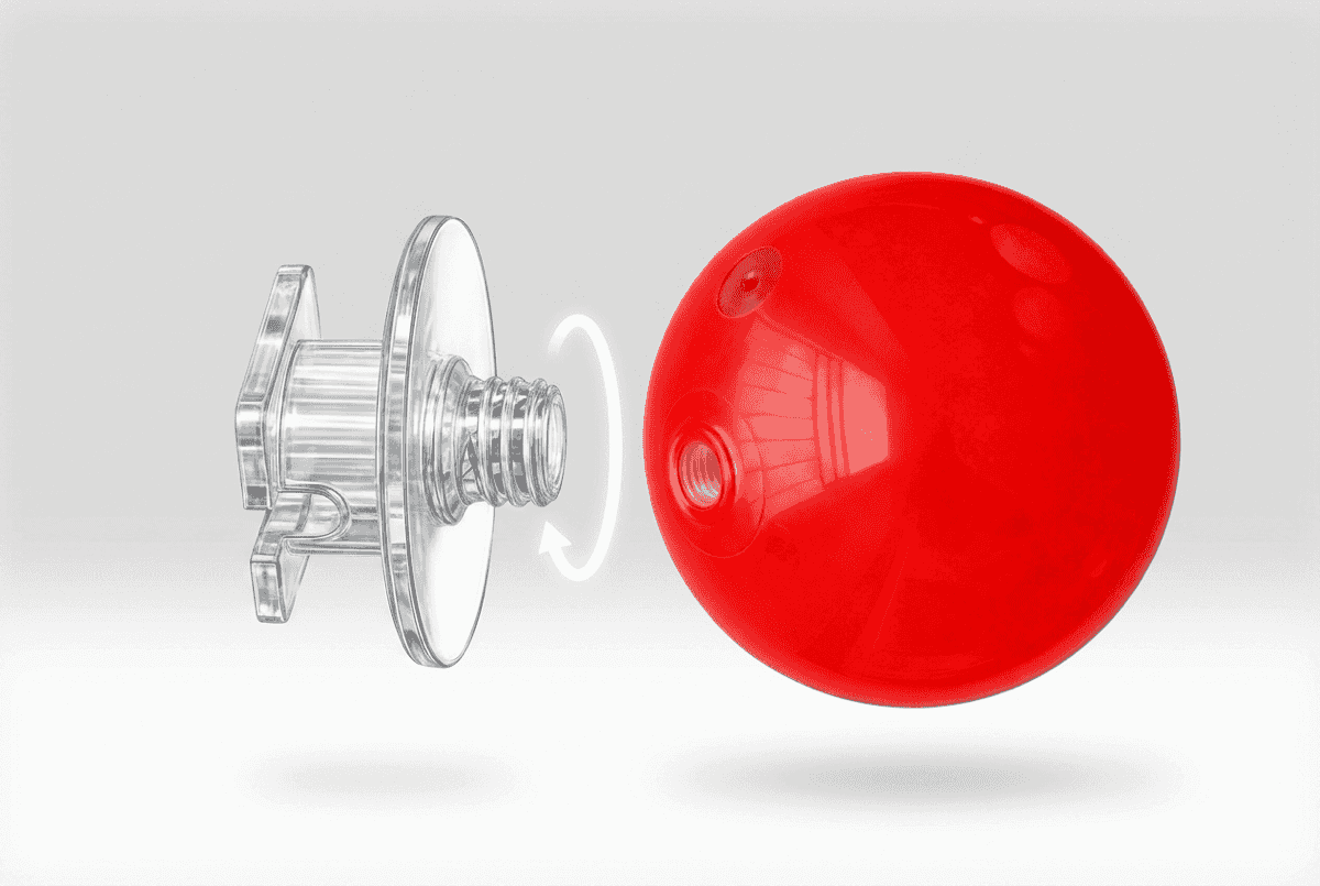 Läpinäkyvä DecorModule-liitin kiinnitetään PVC-pallon kierteeseen