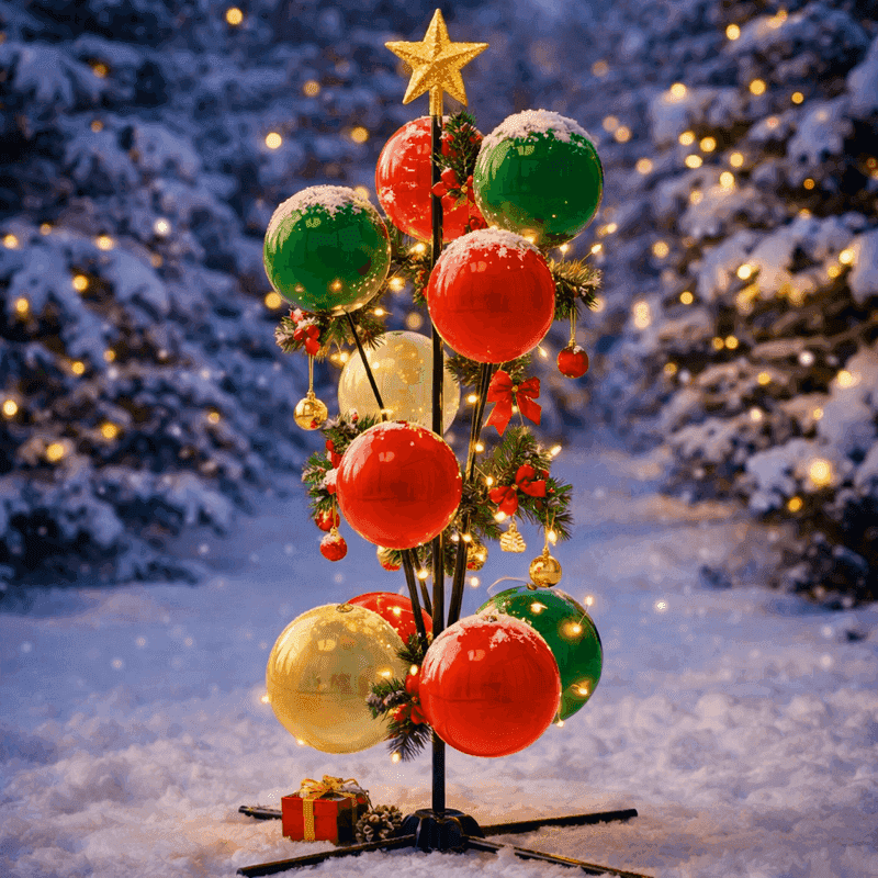 Joulupallosuihkulähde punaisena, vihreänä ja kultaisena tähtitopperilla talvisessa lumisessa ympäristössä