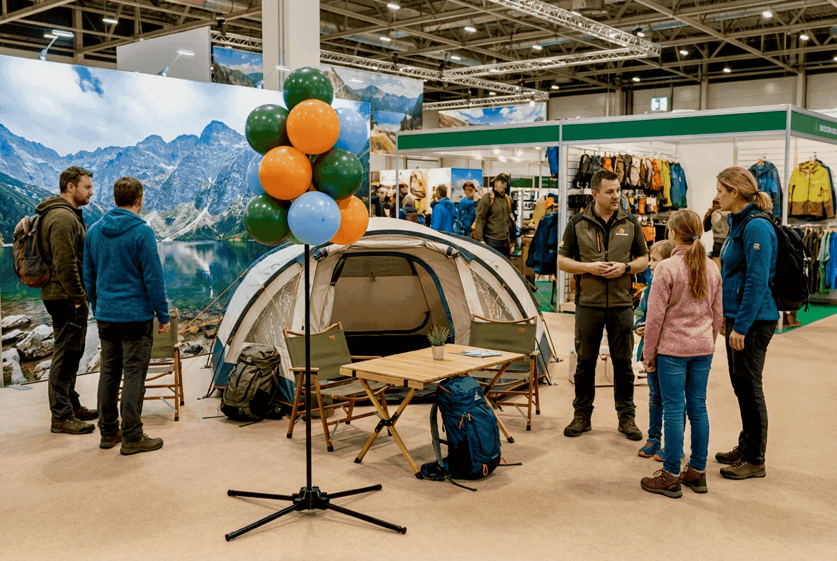Standing balloon cluster in corporate colors next to trade show booth attracts visitors