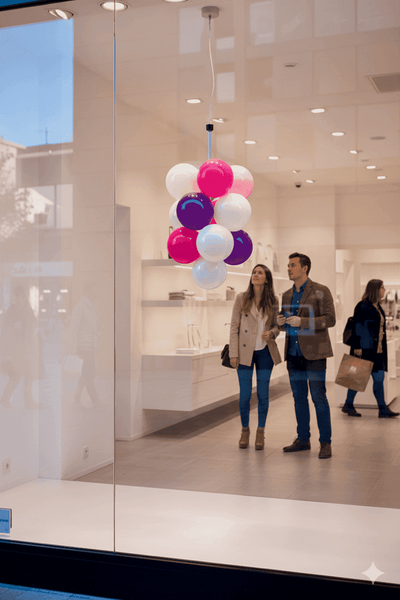 Hanging balloon cluster above shop entrance attracts attention from passersby