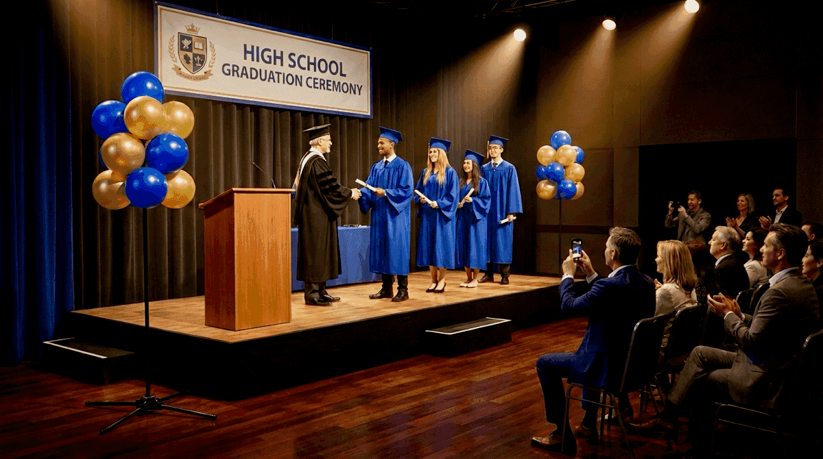 Standing balloon clusters next to stage during high school graduation ceremony