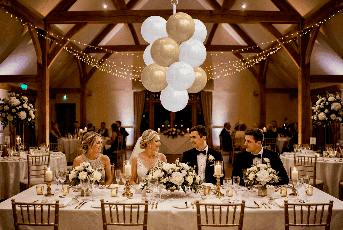 White and gold balloon clusters hanging above wedding table as romantic decoration