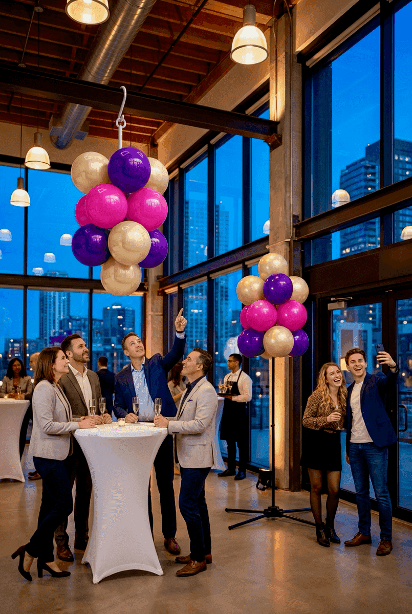 PilaMania balloon cluster in rainbow colors, shown in both hanging and standing configuration
