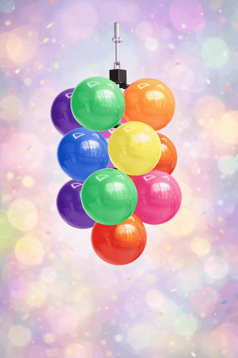 Hanging balloon cluster with 12 balloons in rainbow colors on ceiling hook