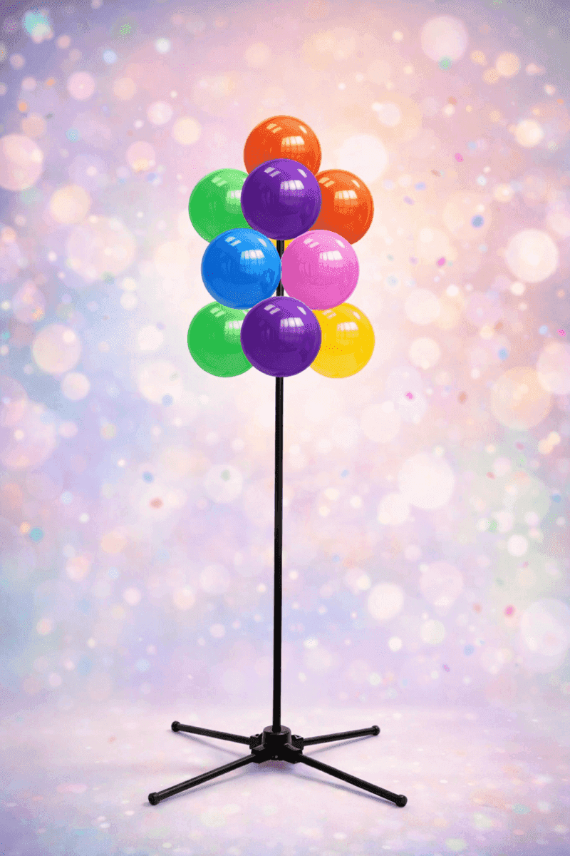 Standing balloon cluster on integrated 4-leg base with 12 colorful balloons