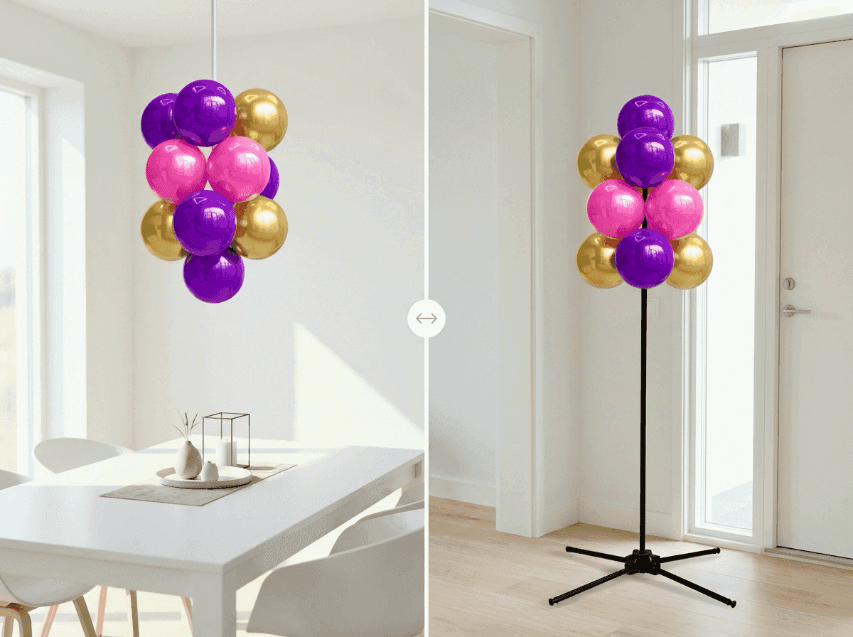 PilaMania balloon cluster shown in both configurations: hanging and standing
