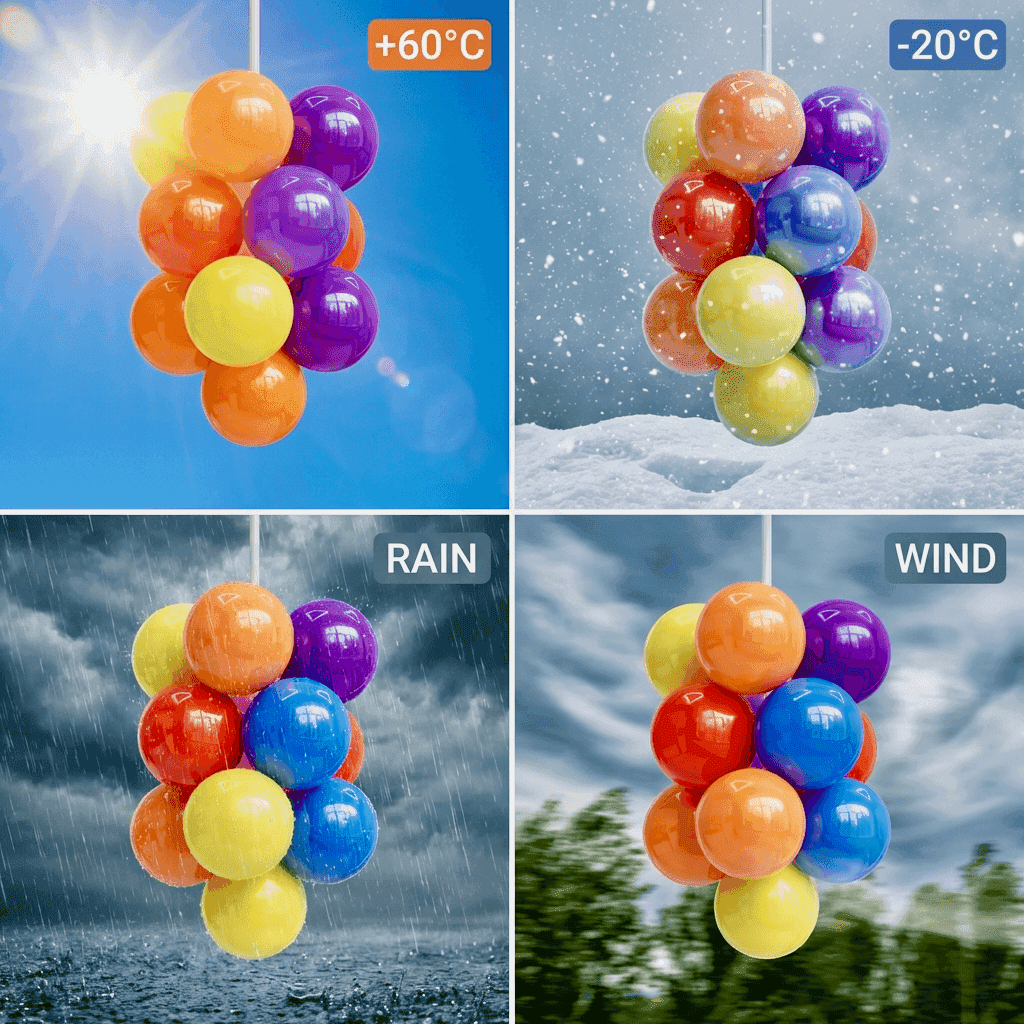 Balloon cluster outdoors in various weather conditions