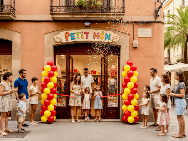 Balloon pillar at a shop entrance attracts customers, retail decoration in vibrant colors at a fashion store during the day with natural light
