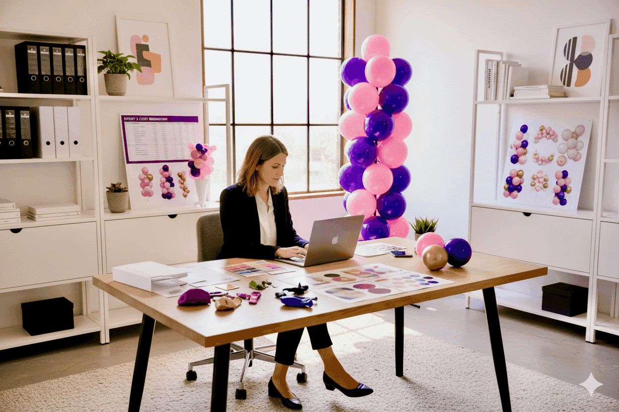 Event professional calculating the ROI of a reusable balloon pillar, cost-saving decoration for multiple events