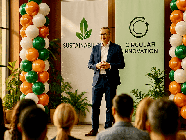 Balloon pillar on a professional event stage during a graduation ceremony or seminar, with a speaker and audience visible for a sense of scale