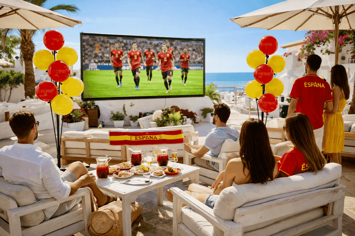 Balloon decorations on sunny patio during football event